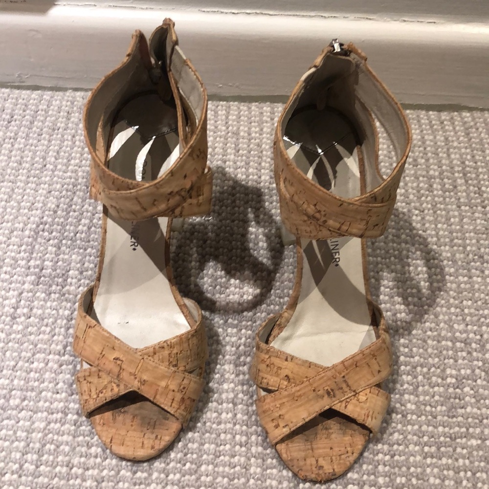 Cork ankle strap sandals with 3” lucite heels